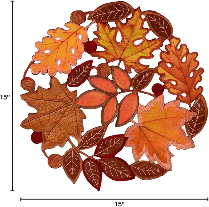 Simhomsen Set of 4 Embroidered Leaves Round Doily Place-mats Round 15 inches for Thanksgiving, Fall or Autumn Harvest Decorations