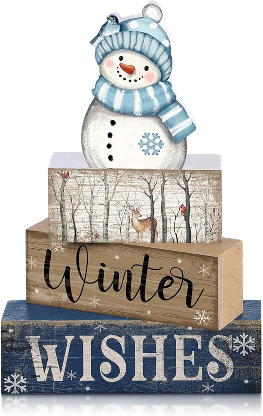 4 Pcs Snowman Christmas Decor Wooden Snowman Blue and White Winter Tiered Tray Decor Christmas Table Centerpiece Wooden Rustic Winter Block Sign Farmhouse for Home Kitchen Shelf Gift