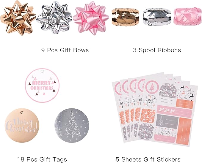 WRAPAHOLIC Christmas Wrapping Paper Set - Rose Gold and Pink Holiday Design with Metallic Foil Shine Wrapping Paper Bundle with Gift Bow & Ribbon & Tag & Sticker