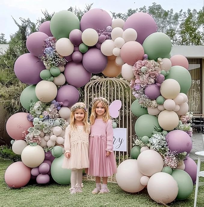 Dusty Green Purple Balloon Garland Double Stuffed Pastel Green Lavender Pink White Sand Balloon Arch Kit Light Lilac Cream Balloons for Baby Shower Birthday Wedding Flower Fairy Party Decor