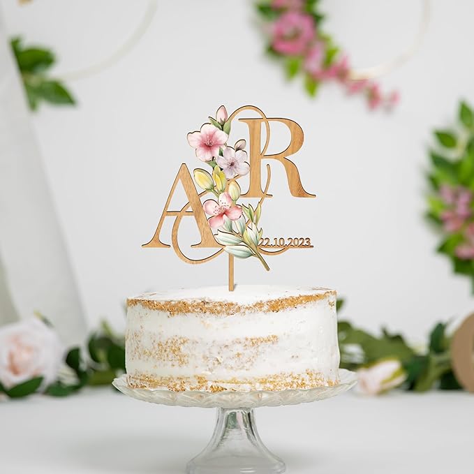 Customized Spring Wedding Cake Topper in Wood Personalized Bride & Groom's Initials and Wedding Date Cake Decoration with Spring Flowers
