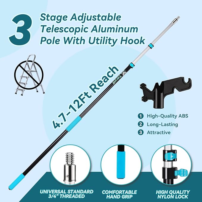 12 FT Telescopic Christmas Light Pole with Hook | Lightweight Aluminum Extension Pole for Outdoor String Lights, Holiday Decorations, Bird Feeders | Ladderless High Reach Tool with Universal Thread