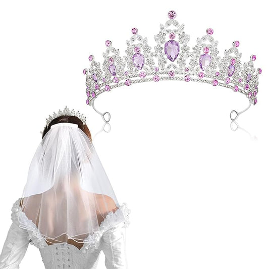 Crown and Wedding Veil Set Crown Headband Purple Crown Wedding Crown for Bride Silver Crown Bachelorette Veil Bride Veil Crystal Crown for Bachelorette Wedding Party Anniversary