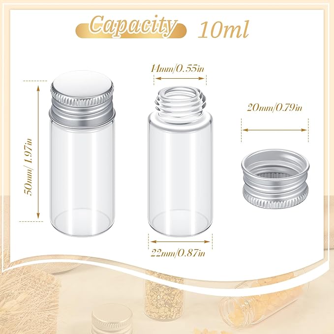 50 Pcs Small Clear Vials Spice Mini Jars with Lids Mini Glass Bottles with Screw Aluminum Metal Caps Tiny Jars Sample Containers for Powder Cream Cosmetic Jewelry Wedding (10 ml,Silver Caps)