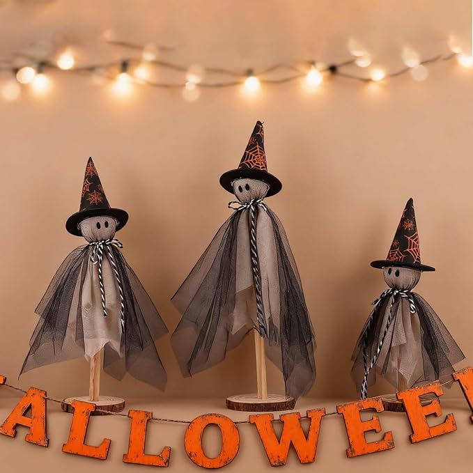 Halloween Decorations Indoor, Set of 3 Sizes Fabric Ghosts with Spiderweb Witch Hats, Primitive Wood Ghost Kit for Table Centerpiece Farmhouse Shelf Mantel Kitchen Home Decor (Black)