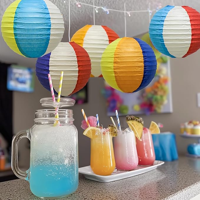 Pool & Beach Theme Birthday Party Decorations – 15PCS 8" Colorful Hanging Paper Lanterns for Tropical, Luau, Hawaiian, Summer & Indoor/Outdoor Events