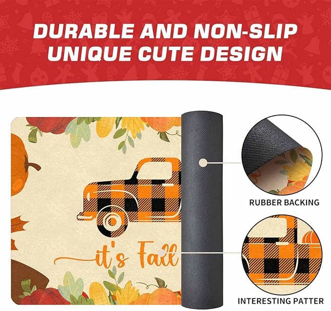 Thanksgiving Doormat Fall Welcome Buffalo Plaid Truck Door Mat Front Door Outdoor Doormat Outside Entrance Porch Non Slip Rubber Rug Autumn Halloween Thanksgiving Farmhouse Decor, 24"x16"inch