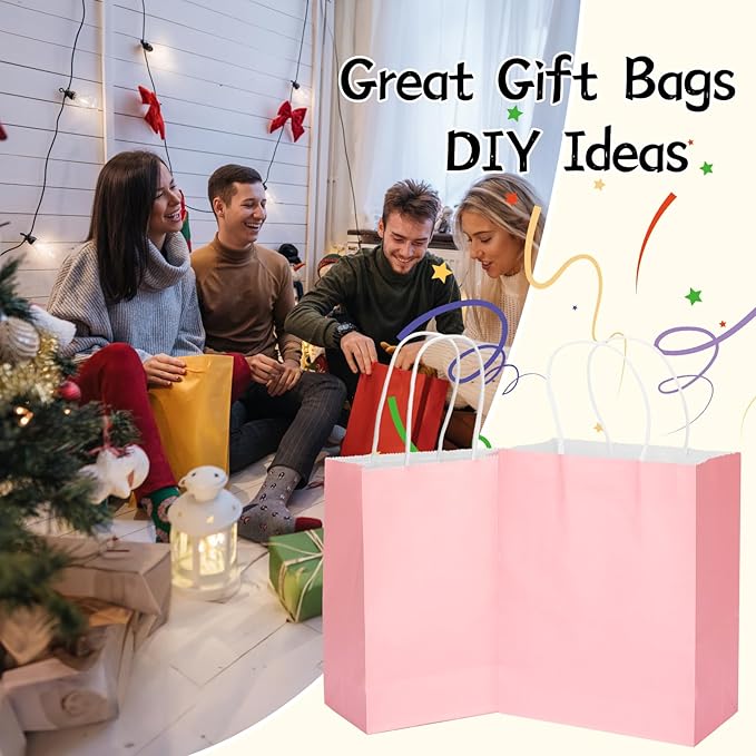 MOZRRO Gift Bags, 100 Pack 10.5x8.5x4.5 Inch, Paper Bags with Handles, Medium Size, Pink Gift Bag for Birthday, Wedding, Bulk, Party, Lunch, Goodie