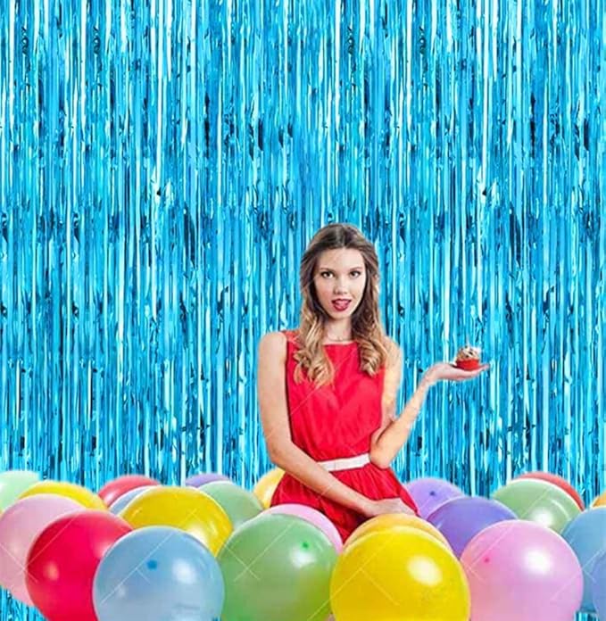 2 Pcs 3.2ft x 8.2ft Shiny Blue Metallic Tinsel Foil Fringe Curtain Photo Booth Backdrop for Birthday Wedding Holiday Bridal Shower Baby Shower Bachelorette Party Decorations