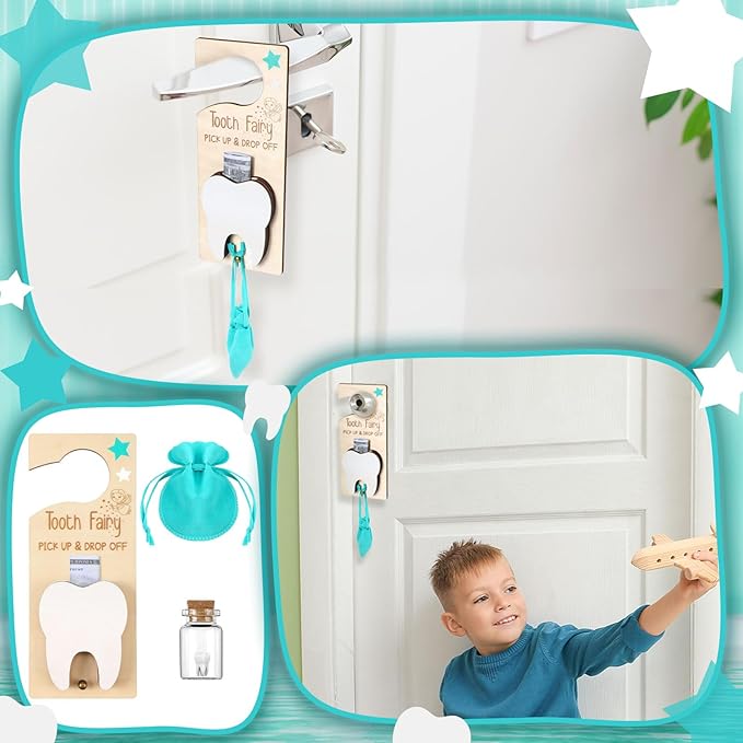 Tooth Fairy Holder Bag Hanger with Money Slot Keepsake Bottle Velvet Pouch Tooth Fairy Box Encourage Gift for Lost Teeth Boy Girl Milk(Classic,Lake Blue)