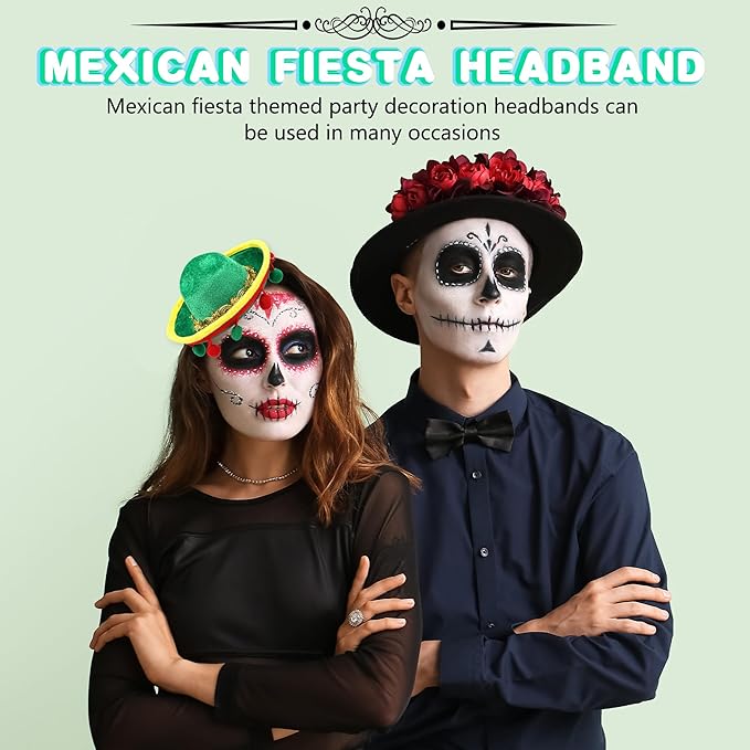 8 Pack Cinco De Mayo Fiesta Fabric and Straw Sombrero Headbands Sombrero Party Hats Cinco De Mayo Fiesta Sombrero Headband for Mexican Theme Party Decorations