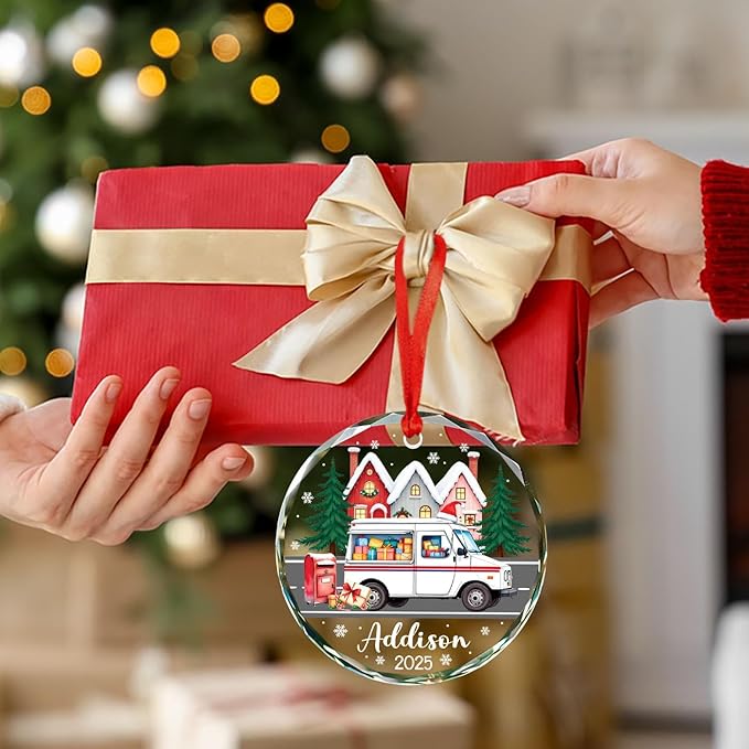 Mail Carrier Christmas Glass Ornament 2025, Personalized Mail Truck Xmas Tree Ornament Gifts for Mailman Postal Worker & Driver, Christmas Truck Decor, Customized Name Mailman Ornaments Xmas