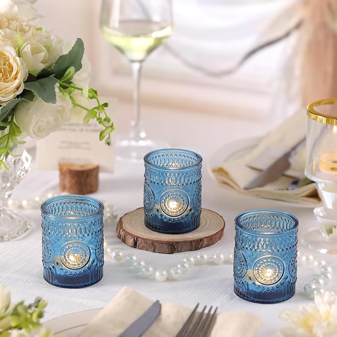 Blue Votive Candle Holder Set of 12, Glass Tea Lights Candle Holders for Wedding Table Centerpieces, Birthday Parties, Home Decor and Holiday Decor