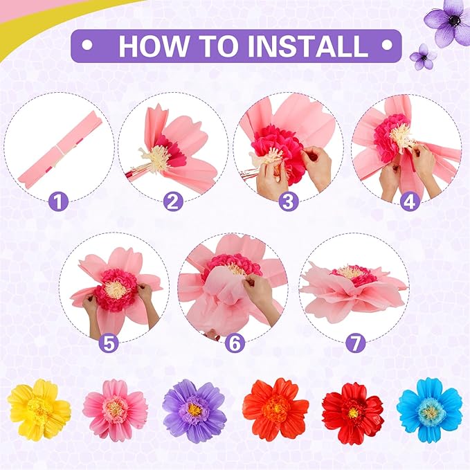 Crowye 12 Pcs Large Colorful Tissue Paper Flowers 20" Handcrafted Giant Fiesta Paper Flowers for Mexican Party Wedding Birthday Backdrop Baby Shower Nursery Craft Outdoor Wall Decor (Cute Color)