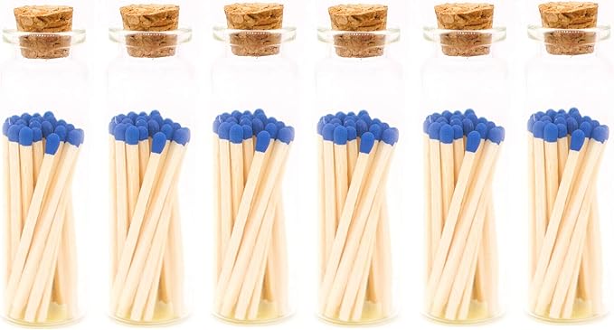 River Birch Decorative Matches in a Bottle with Striker - Cute & Colored Matches - 6 Bottles, Royal Blue Tip, 120 Matches