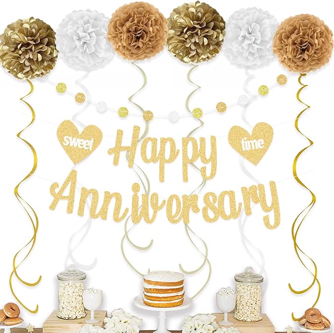 KOKAR Happy Anniversary Decorations – Gold Happy Anniversary Banner, Paper Pom Poms, Hanging Swirls and Glitter Circle Dots Garland for Wedding Decorations