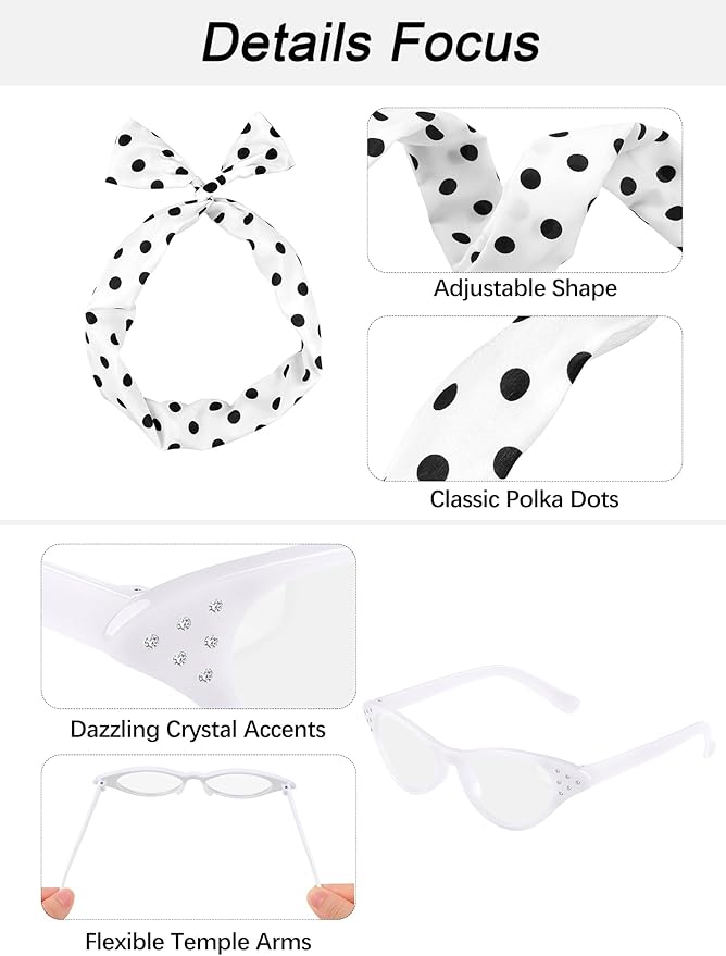 Aneco 6 Pack 50s Set Chiffon Scarf Cat Eye Glasses Bandana Tie Headband Earrings