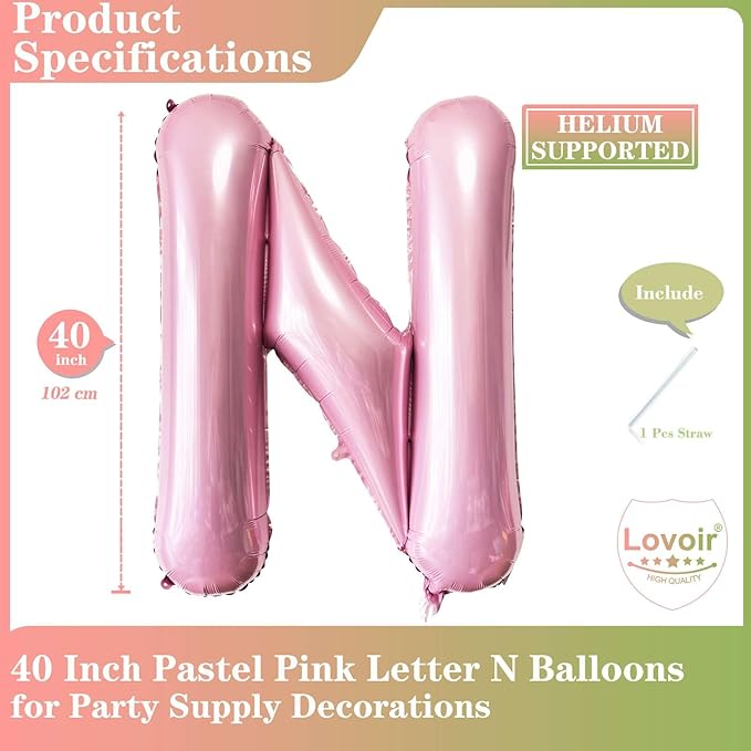 Lovoir 40 Inch Pastel Pink Letter N Balloons, 1 Pcs, Letter Balloons, Alphabet, Self Sealing, Mylar Foil Material, Perfect for Boys, Girls, Unisex Adult, Birthday, Anniversary