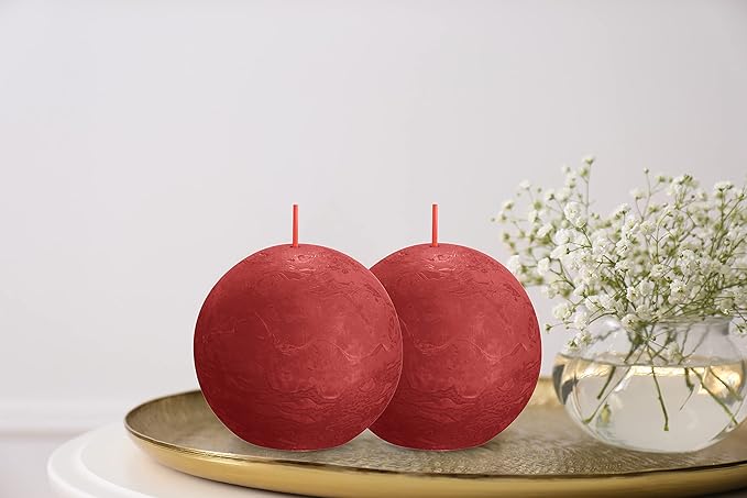 BOLSIUS 3 Pack Delicate Red Rustic Ball Pillar Candles - 3 Inch - Premium European Quality - Includes Natural Plant-Based Wax - Unscented Dripless Smokeless 25 Hour Party Décor and Wedding Candles