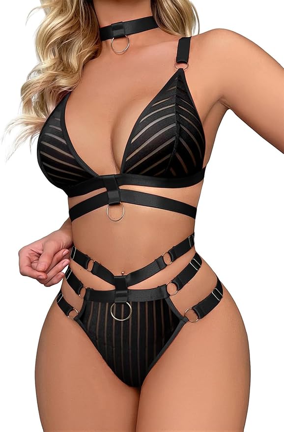 Lilosy Sexy Wireless Choker O Ring Linked Strappy Harness Lingerie Set Outfits 3 Piece