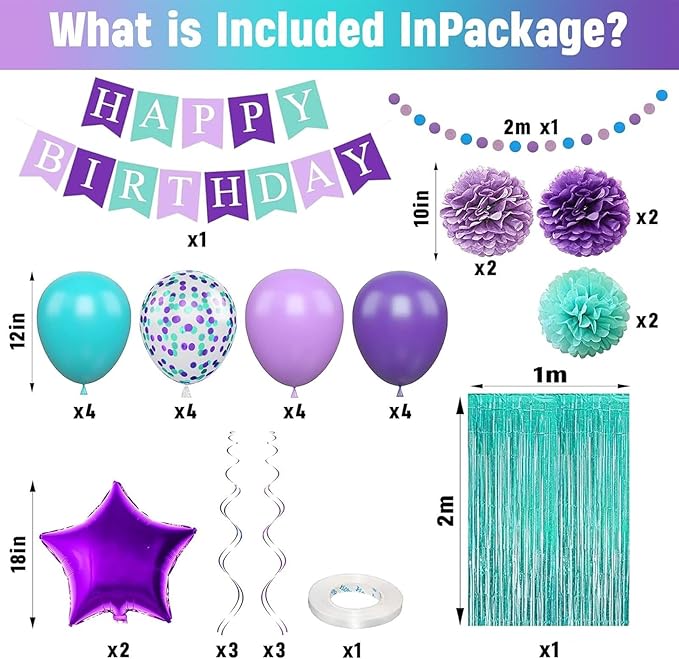 Mermaid Birthday Decorations Purple Teal Blue Party Balloons Happy Birthday Banner Dots Garland Purple Turquoise Green Fringe Curtain Pompom Swirls for Girl Women Baby Shower Party Decoration