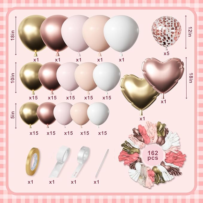 162pcs Pink and Gold Balloon arch Kit, Rose Gold and White with 2pcs Love Foil Balloons for Baby Shower, Bachelorette, Wedding, Princess Party, Girl 16 Birthday Decorations