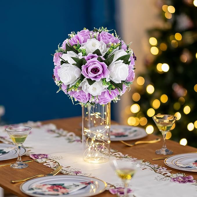 BLOSMON Lilac Flowers Balls for Centerpieces: 10 Pcs Purple White Fake Roses Flower for Wedding Table - Artificial Silk Kissing Bouquet Floral Arrangement Center for Home Party Event Decor