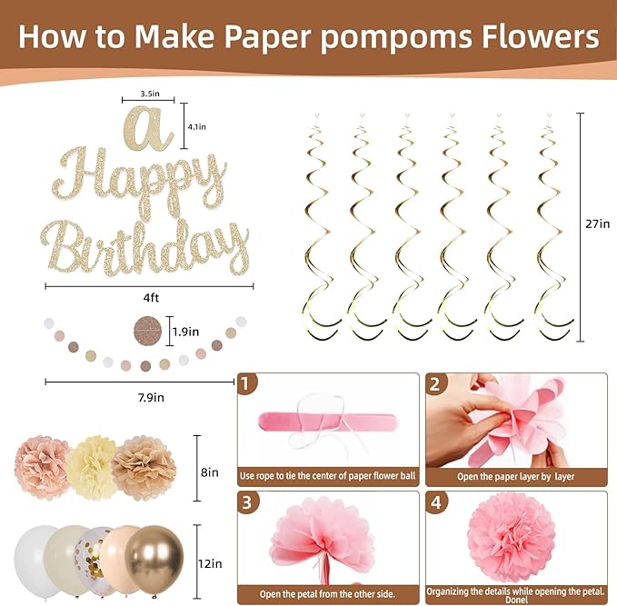 Champagne-Gold Beige Fall Birthday Party Decorations for Women Girls, Autumn Nude Neutral Boho Balloons Decor, Happy Banner, Hanging Swirls Tissue Pom Poms Retro Backdrop Supplies