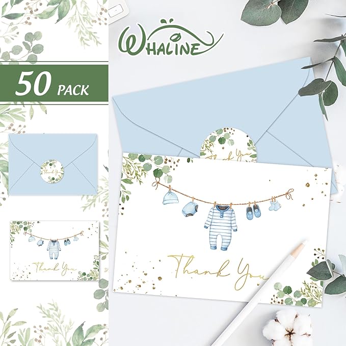 Whaline 50 Pack Baby Shower Thank You Cards Boxed Blue Cloth Note Card with Envelopes Stickers Greeting Blank Cards for Boy Birthday Baby Shower