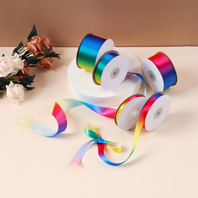 3/8 inch 25 Yards Rainbow Ribbon, Single Face Shiny Satin Roll, Ribbon for Gift Wrapping, Wedding Decor, Pride Birthday Party Decoration & DIY Crafts