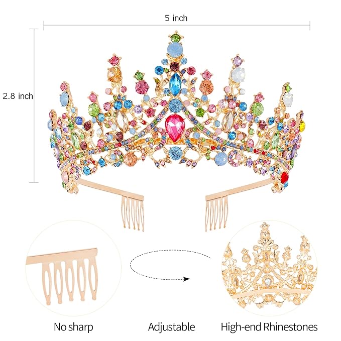 Velscrun Colourful Crystal Birthday Queen Tiara Crown for Women Girls Birthday Queen Headband Sash Elegant Princess Crown with Combs Hair Accessories Happy Birth Party Decorations Mom Birth Gift