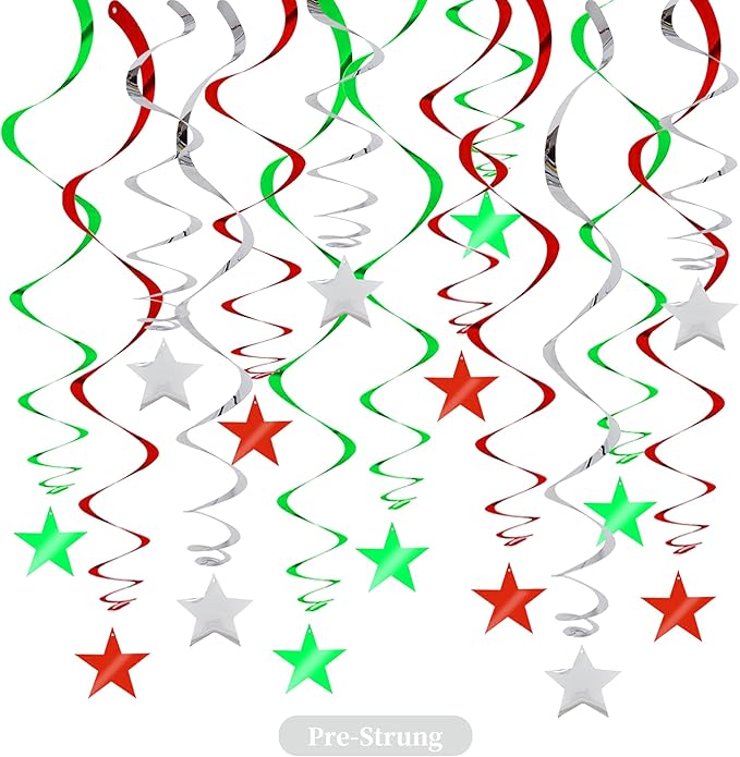 BEISHIDA Green Silver Star Hanging Swirl Decorations, Birthday Hanging Party Supplies for Christmas Wedding Baby Shower Birthday Decorations,Pack of 15