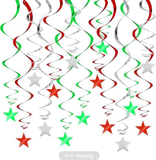 BEISHIDA Green Silver Star Hanging Swirl Decorations, Birthday Hanging Party Supplies for Christmas Wedding Baby Shower Birthday Decorations,Pack of 15