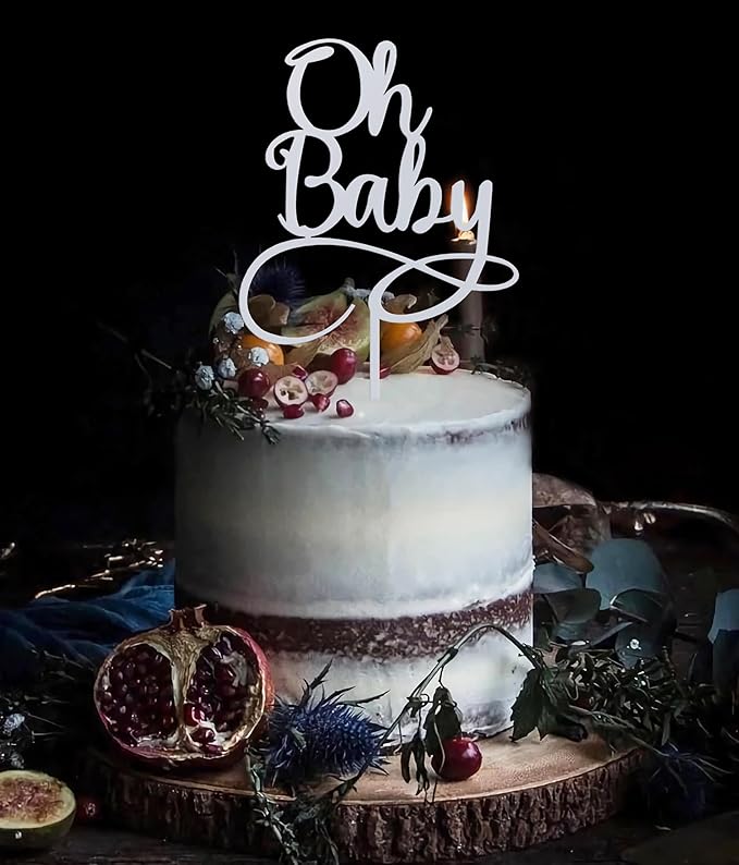 Oh Baby Cake Topper - Glitter Silver Acrylic Baby Shower Cake Decorations, Gender Reveal Cake Pick (Silver)