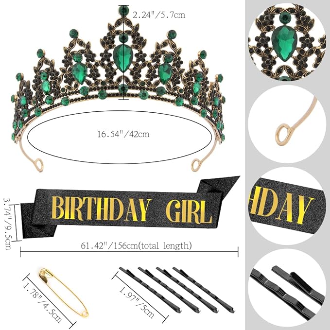 Crown Gold Birthday Hairbands for Women: Baroque Style, Alloy Metal, Rhinestone, Black+Green, Women's, Women celebrating special occasions