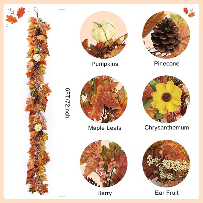 Artgar Fall Garland - 6 Ft Maple Leaf Pumpkin Berry Garland - Fall Decor Garlands with 30 Warming Lights for Thanksgiving Halloween Mantel Table Indoor Outdoor Decor