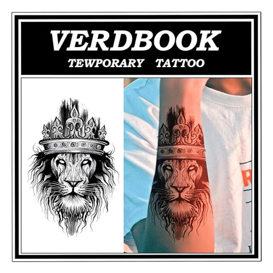 Waterproof Temporary Tattoos: 2-Sheet Tattoo Kit with Realistic Body Stickers, Semi-Permanent Tattoos for Adults Lasting 7-15 Days – Safe for Men & Women,Crown Lion