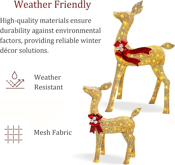 2025 New 3D 58 Inch Large Christmas Deer Family Set, 3-Piece Lighted Reindeer Decoration for Indoor Outdoor Front Yard Porch with 210 LED Jump Lights, Plug - Gold