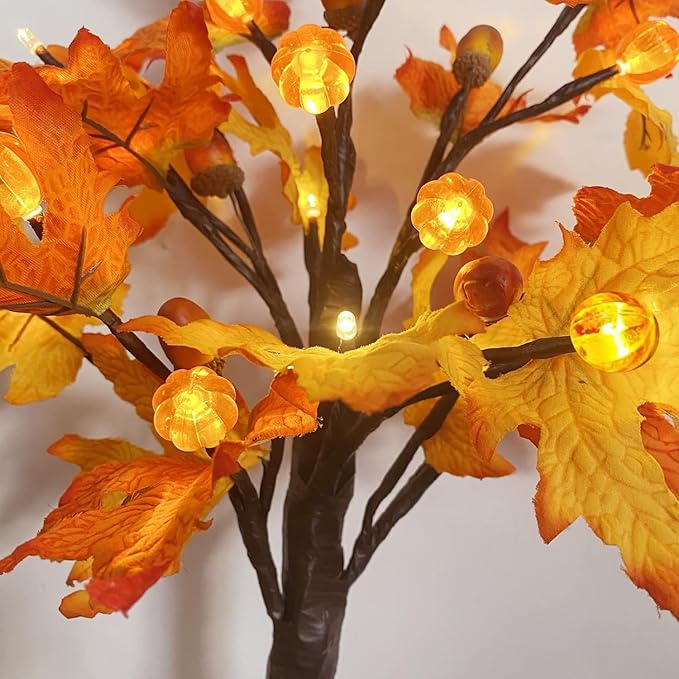 Fall Decorations Artificial Fall Lighted Maple Tree,Total 48 LED Battery/USB Operated Pumpkins Maple Acorn Tree for Table Fireplace Harvest Home Indoor Thanksgiving Decor (2)