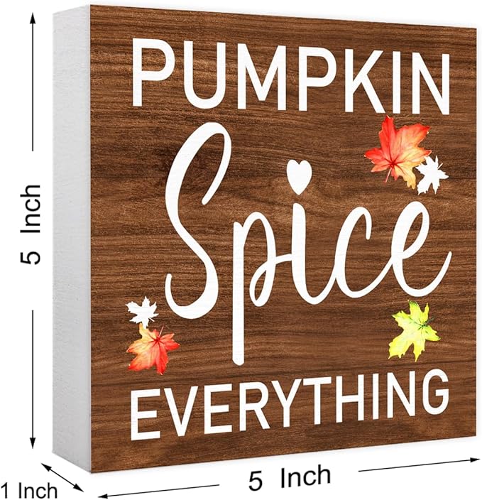 Funny Autumn Wood Box Sign Pumpkin Spice Everything Wooden Block Desk Decor for Home Office Kitchen Cubicle Table Shelf Tabletop,Farmhouse Fall Sign Decor