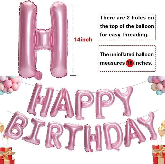 Accevo Pink Happy Birthday Banner 16 Inch Foil Letters Balloons Happy Birthday Balloon for Kids, Child, Adults, Boys & Girls Birthday Decorations Happy Birthday Sign