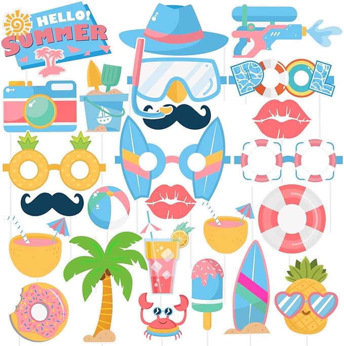 SUNBEAUTY 25 Pcs Beach Photo Booth Props Summer Party Decorations Beach Party Decorations Beach Decorations Pool,Hawaiian,Luau Photo Booth Props