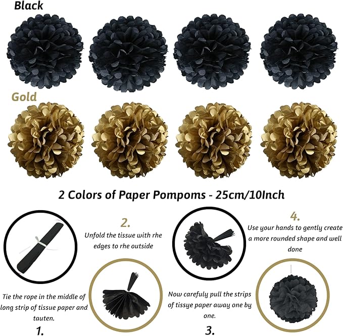 ZERODECO Gold and Black Party Decorations, Hanging Paper Fan Pom Poms Pennant Garland String Banner Fringe Curtains Birthday Parties Graduation Wedding Happy New Year Eve Party Decorations