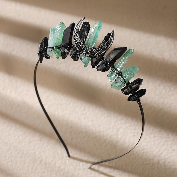 Witch Crystal Headband Crown for Women - Medieval Green Black Quartz Tiara with Moon, Fairy Elf Circlet Viking Celtic Headpiece for Renaissance Cosplay Halloween Headwear