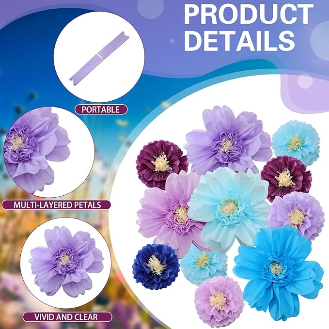 Crowye 12 Pcs Large Colorful Tissue Paper Flowers Decorations 20" Giant Fiesta Crepe Paper Flowers for Wall Decor Backdrop Mexican Wedding Birthday Baby Shower Carnival Party Craft (Multicolor)