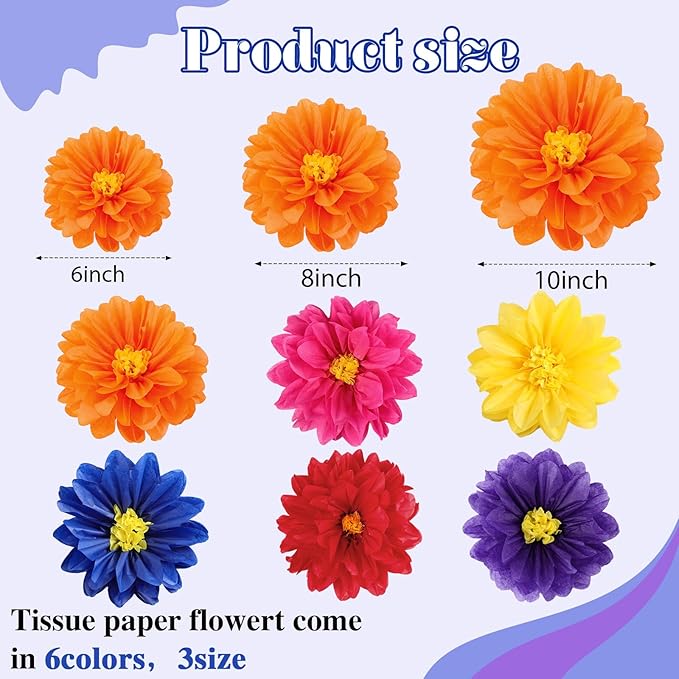 Geyee 18 Pcs Mexican Paper Flowers Colorful Fiesta Tissue Paper Flowers Pom Poms Mexican Carnival for Floral Party Backdrop Wedding Birthday Party Craft, 6" 8" 10"(Dark Color)