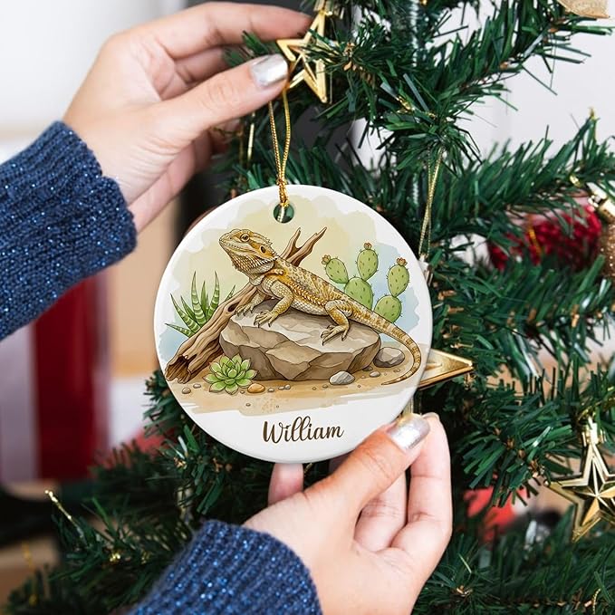 Personalized Bearded Dragon Ceramic Ornament, Reptile Animal Keepsake Gift for Men Women Lizard Lovers, Custom Pet Bearded Dragon Christmas Ornament with Name, Novelty Lizard Xmas Tree Decoration