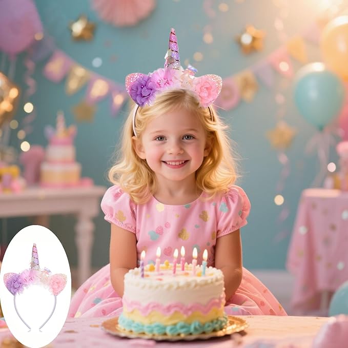 Unicorn Headband for Women - Flower Glitter Horn with Butterfly & Ears Headband, Magical Blossom Hair Accessory for Birthday Party Hair Decoration,Halloween Christmas Cosplay Hairband