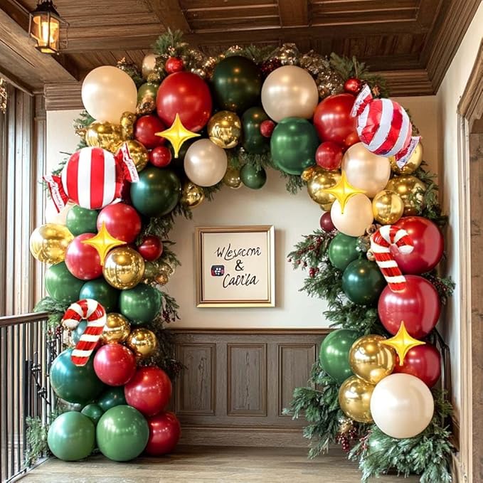 Christmas Red and Green Balloon Garland Arch Kit Pearl White Gold Foil Candy Cane Balloons With Gold 4-Point Star Balloons For Christmas Party Decorations