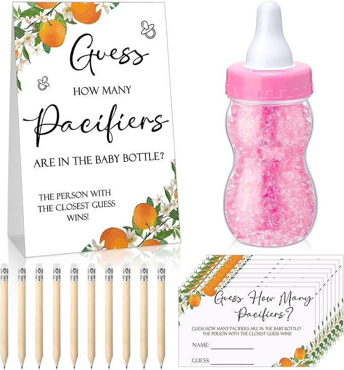 Roowest 512 Pcs Baby Shower Games Guess How Many Pacifiers Sign 100 Small Guessing Games 10 HB Pencils 750ml Milk Bottle 400 Acrylic Pacifiers Decoration for Guest Gender Reveal(Pink,Orange)